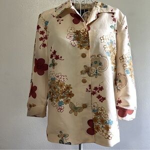 Silkland 100% silk floral button-down jacket, three quarter sleeves. Sz M. EUC.